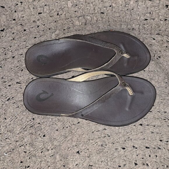 OLUKAI Ho'opio-Dark Brown Leather Thong Flip Flop Sandals-Sz 37/7-Excellent - Picture 7 of 7